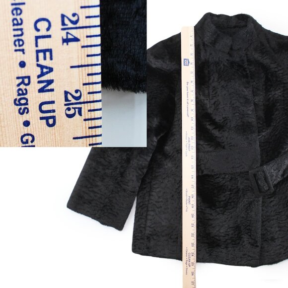 VTG 50s 60s Faux Fur Jacket Black Belted Satin Lined Stand Collar Swing Coat M - Picture 13 of 16